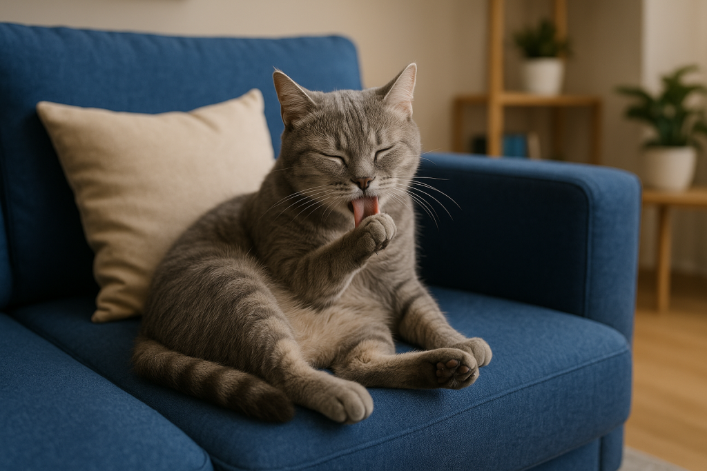 chat qui se lave heureux