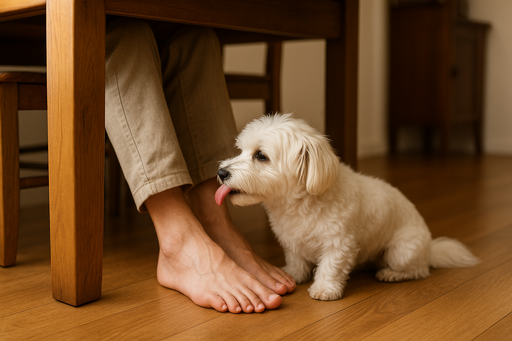 un chien qui lèche les pieds