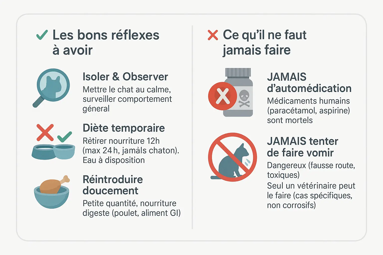 Infographie réflexes à adopter en cas de vomissements chez le chat