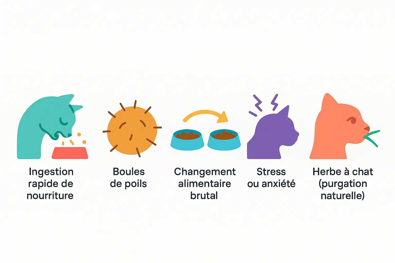 Schéma illustré des causes courantes de vomissements bénins chez le chat