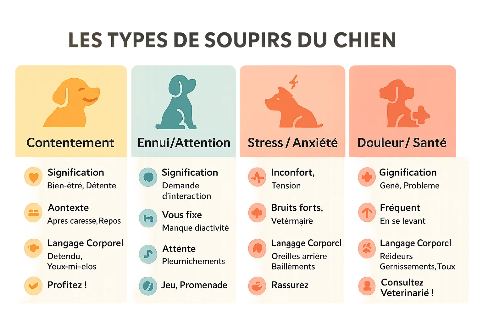 Illustration des différents types de soupirs chez le chien