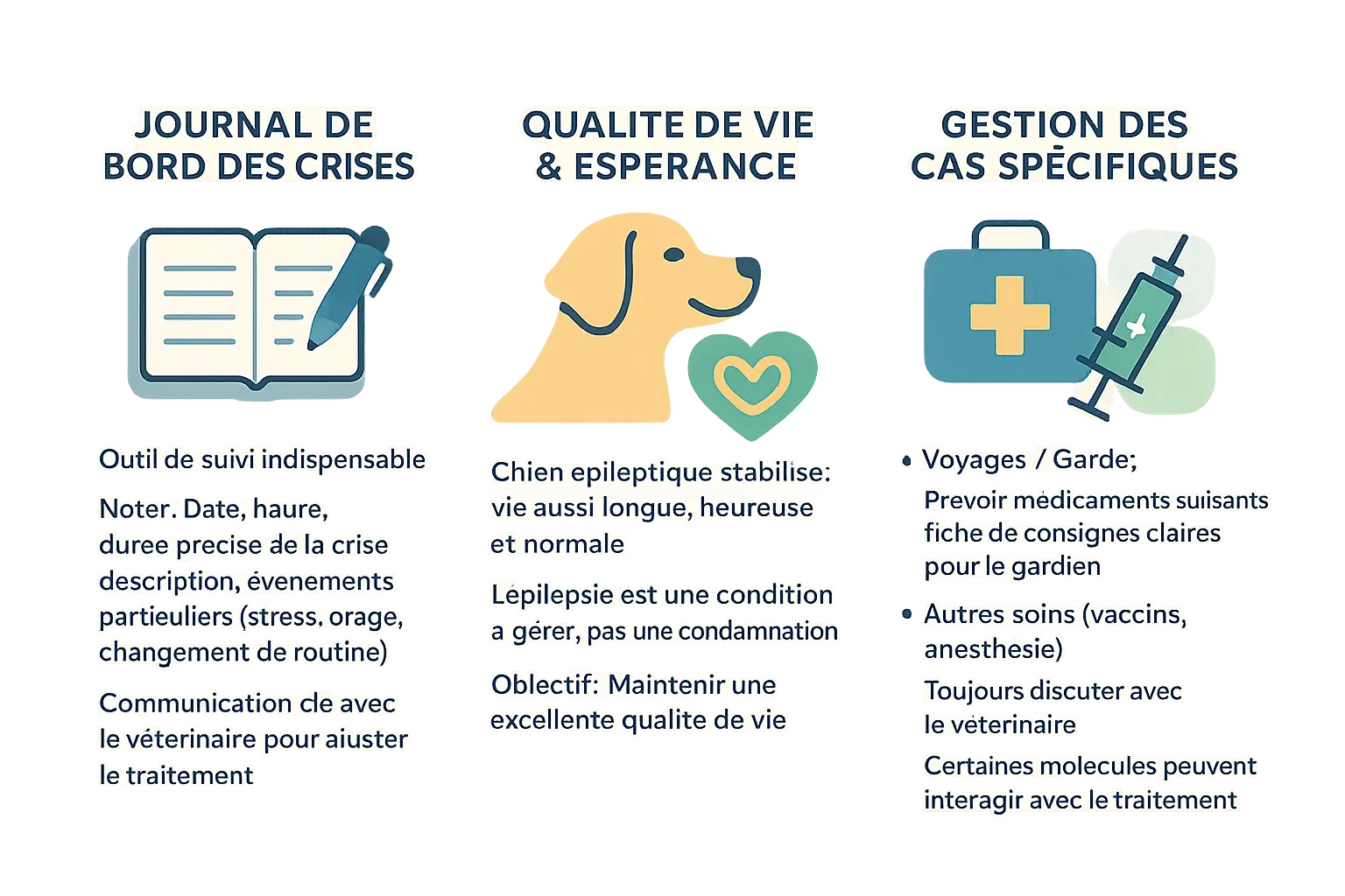 Illustration d'un chien épileptique entouré de documents médicaux et de médicaments, symbole d'une gestion organisée de la maladie
