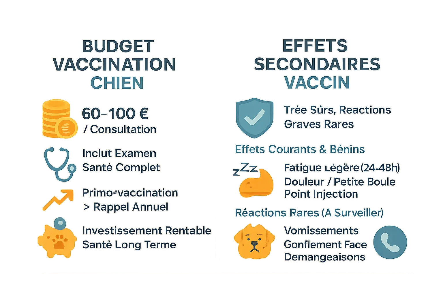 Illustration représentant un chien recevant un vaccin, avec des éléments graphiques de budget et de sécurité sanitaire