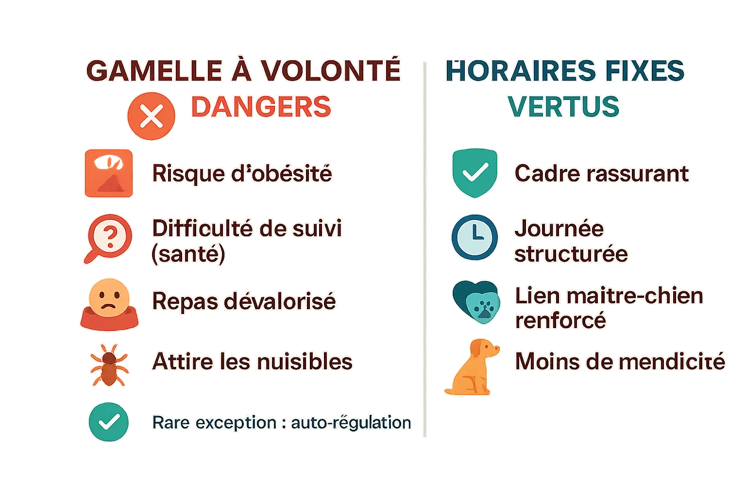 Comparaison gamelle à volonté vs horaires fixes pour nourrir un chien