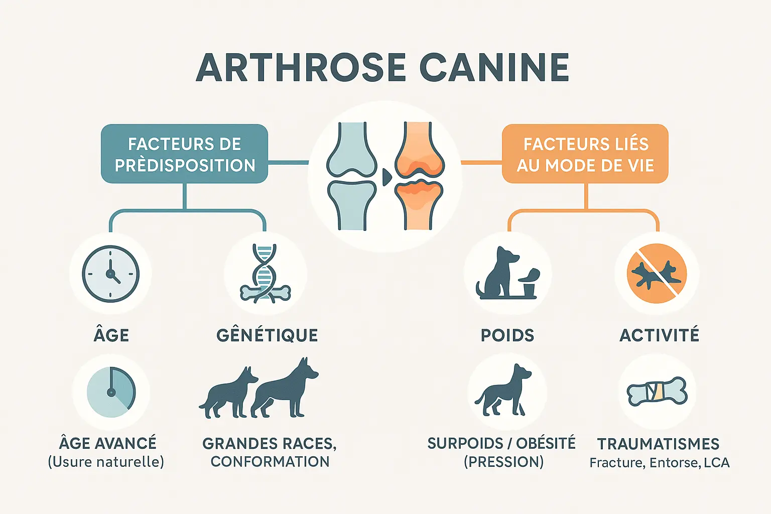 Schéma des articulations touchées par l'arthrose chez le chien