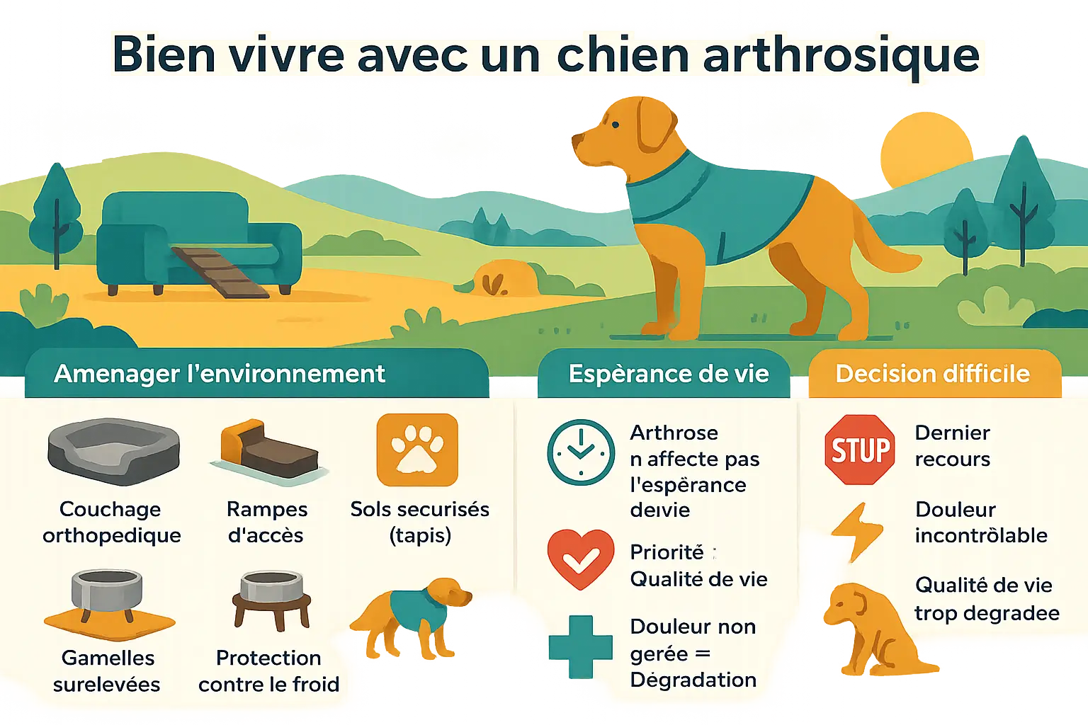 Illustration d'un chien âgé sur un lit orthopédique avec des rampes d'accès