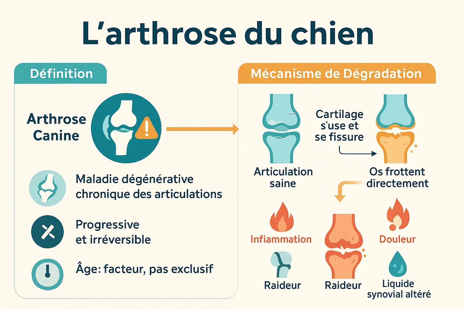 Schéma d'articulation de chien saine et arthrosique