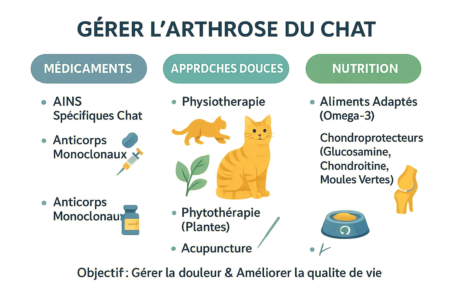 Schéma illustré des solutions pour gérer l'arthrose chez le chat