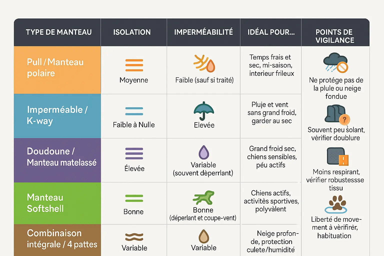 Comparaison des manteaux pour chiens selon isolation et imperméabilité
