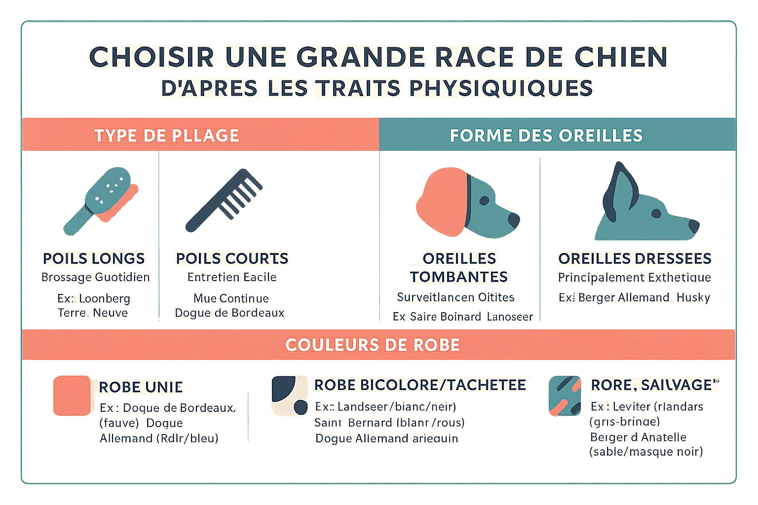 Illustration des grands chiens avec différentes caractéristiques physiques