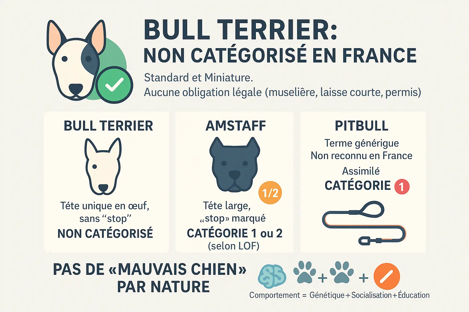 Comparaison visuelle entre le Bull Terrier, l'Amstaff et le Pitbull