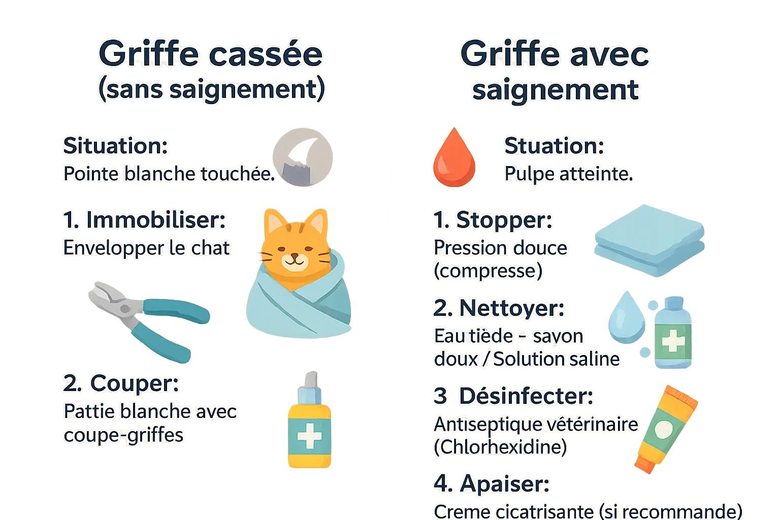 Illustration des premiers secours pour blessures de griffes chez le chat