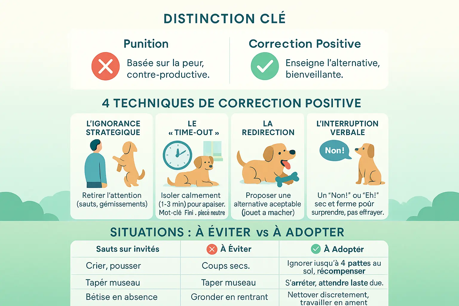 Infographie comparant punition et correction positive en éducation canine
