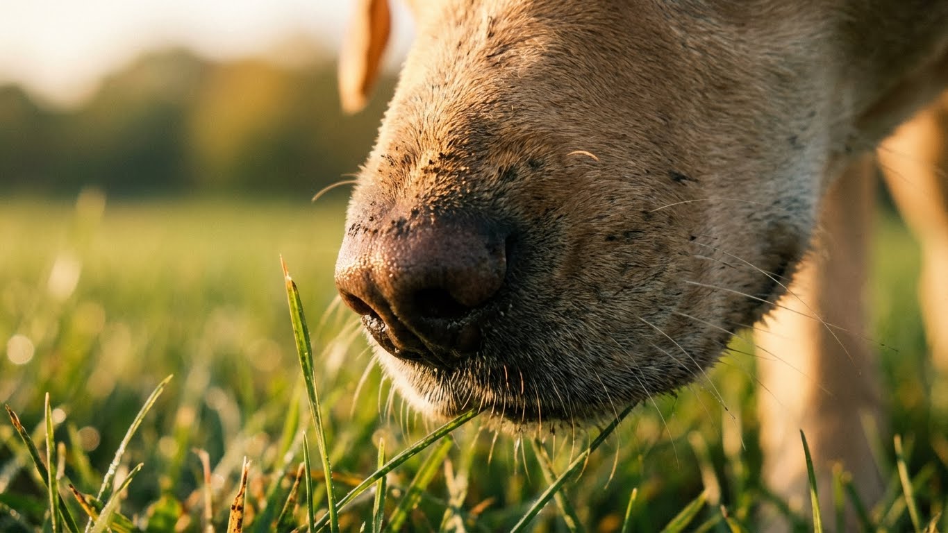 Chien analysant des odeurs dans l'herbe