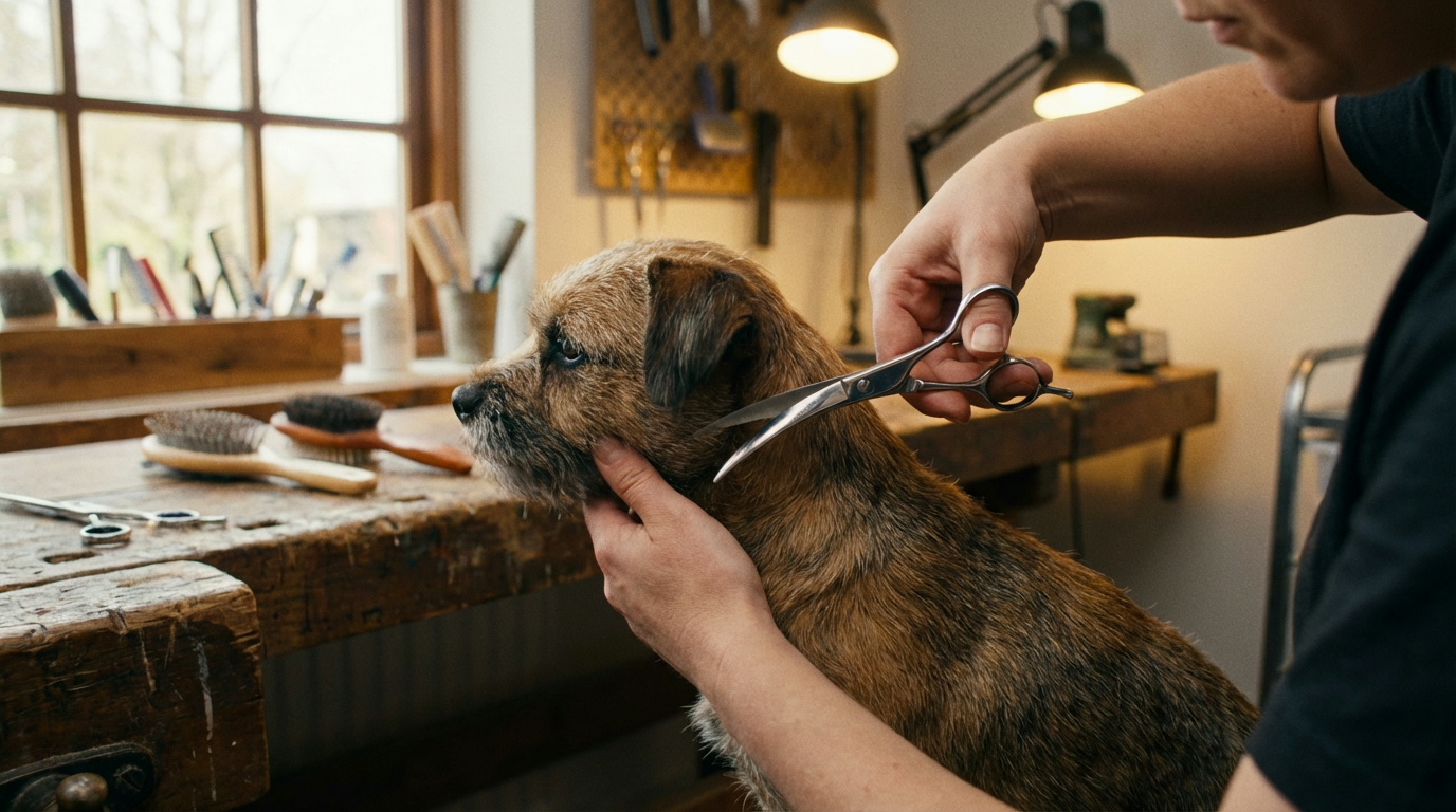 Mains d'un toiletteur utilisant des ciseaux avec précision