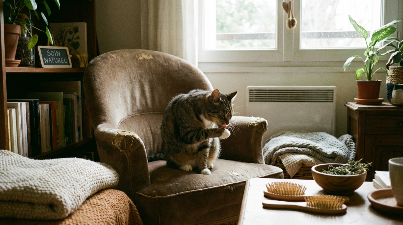 Chat domestique faisant sa toilette naturellement
