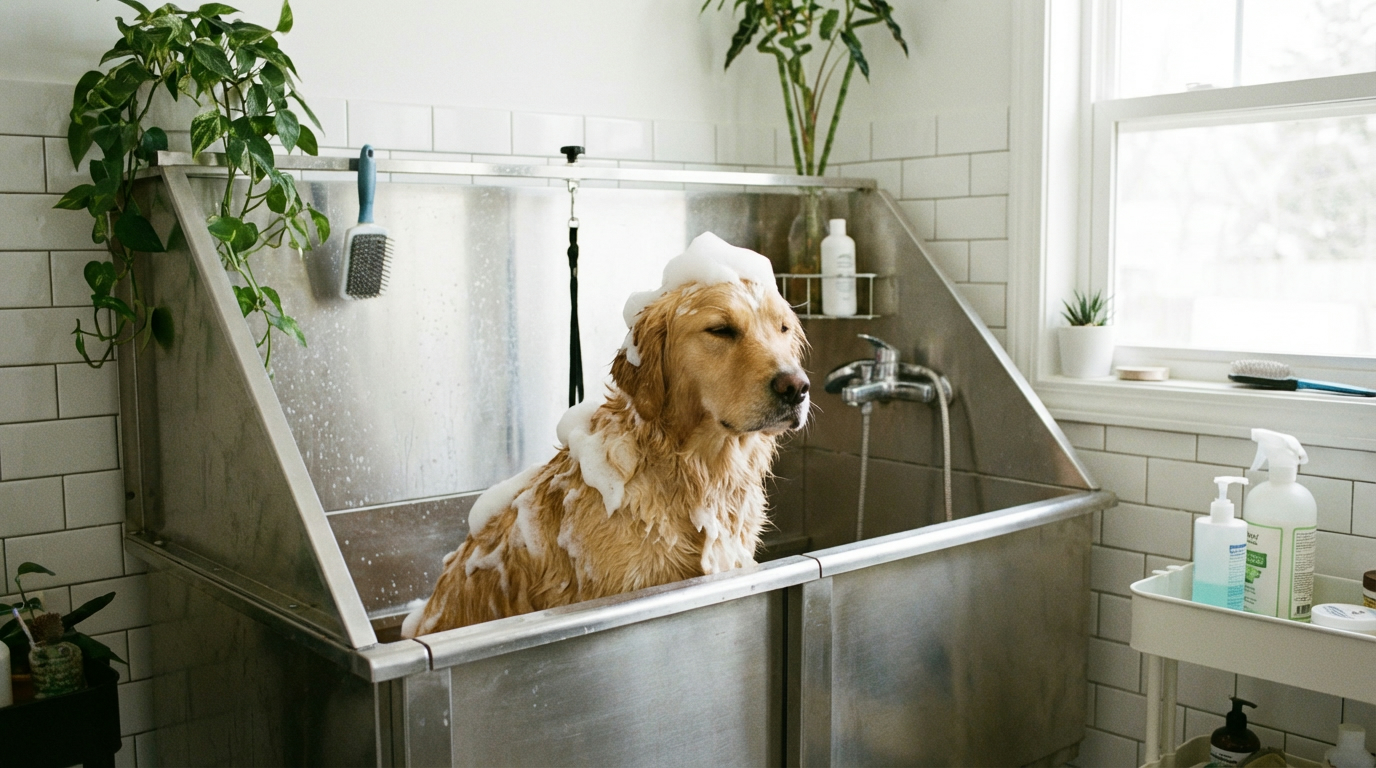 Chien recevant un bain adapté en salon de toilettage