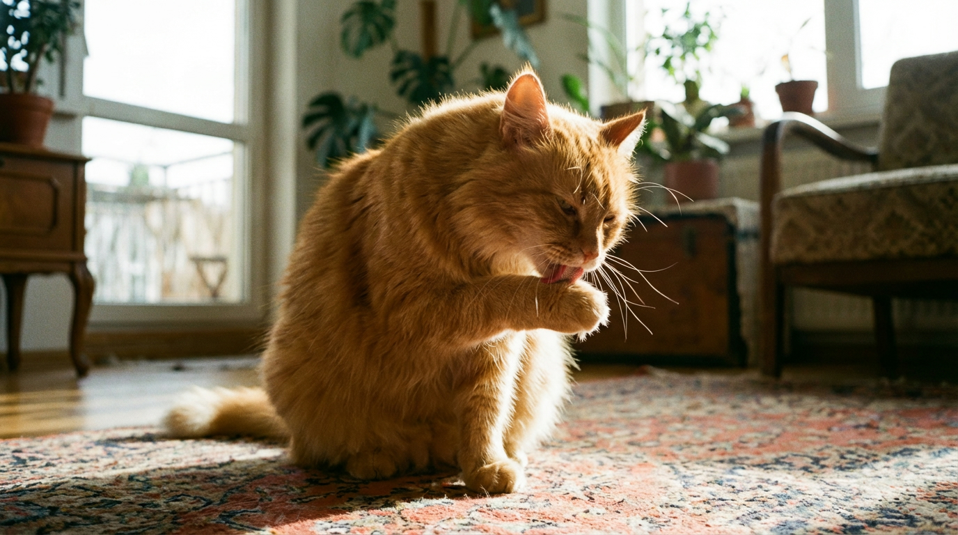 Chat effectuant sa toilette par instinct naturel