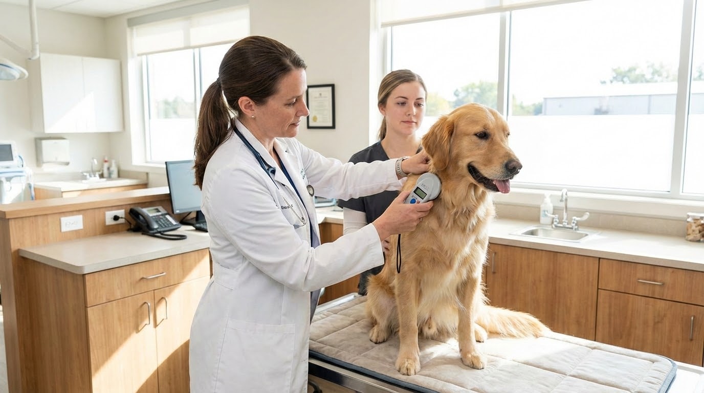 Vétérinaire vérifiant l'identification d'un chien