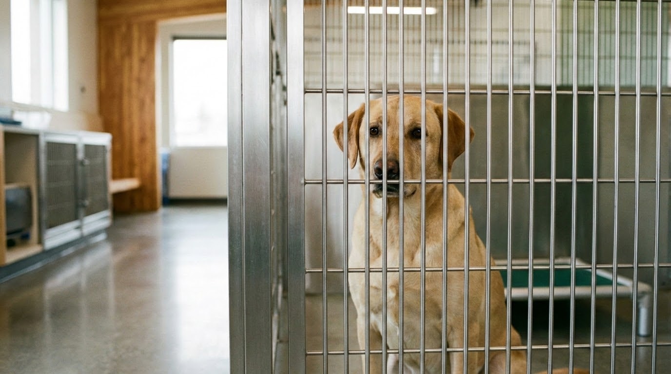 Chien en attente dans un box de refuge animalier