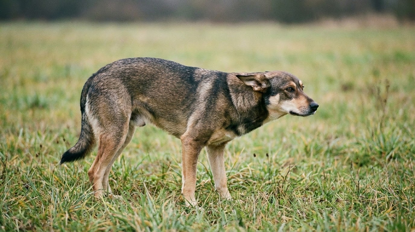 Chien immobile regardant de côté, langage corporel de méfiance et d'apaisement