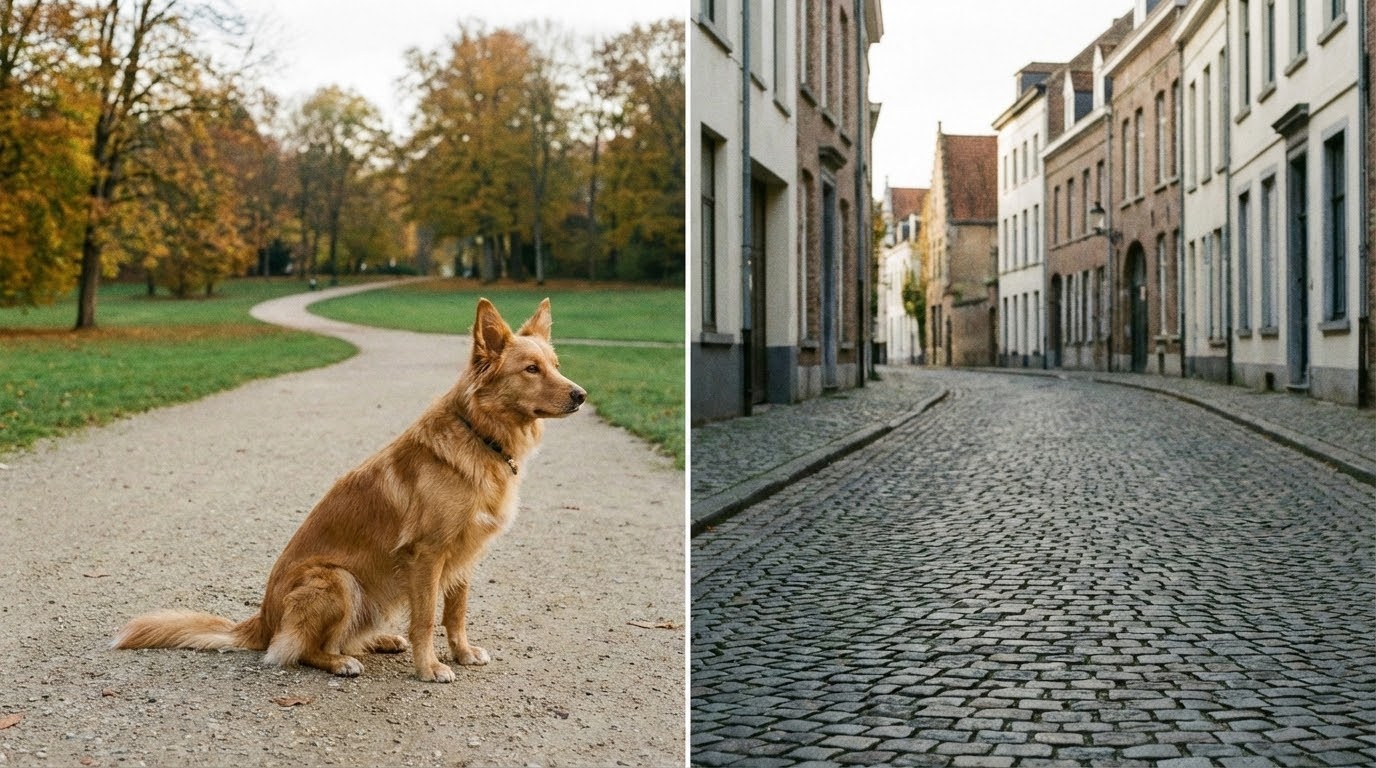Chien seul en extérieur observant son environnement avec prudence