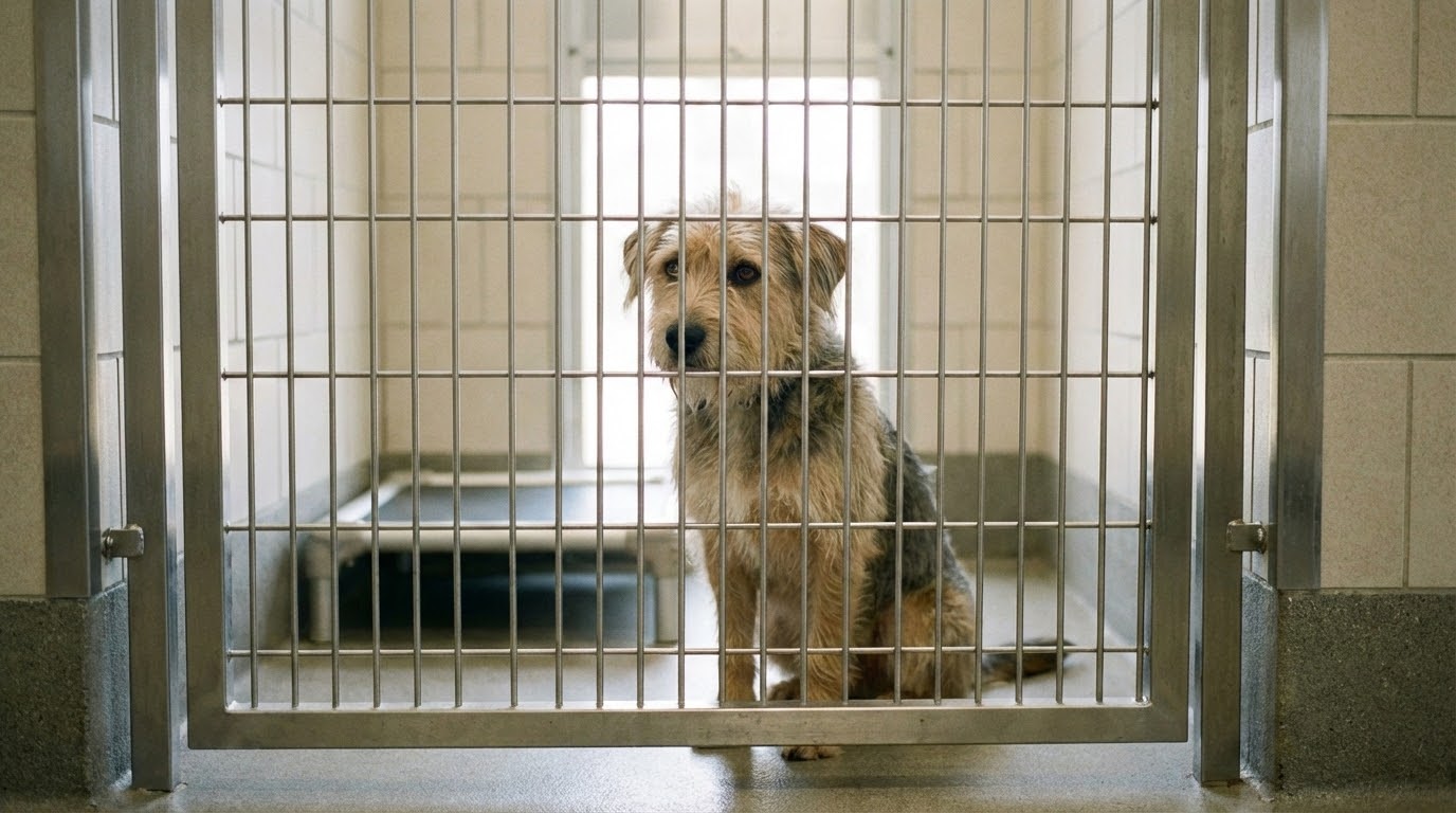 Chien attendant dans un box de fourrière ou refuge propre