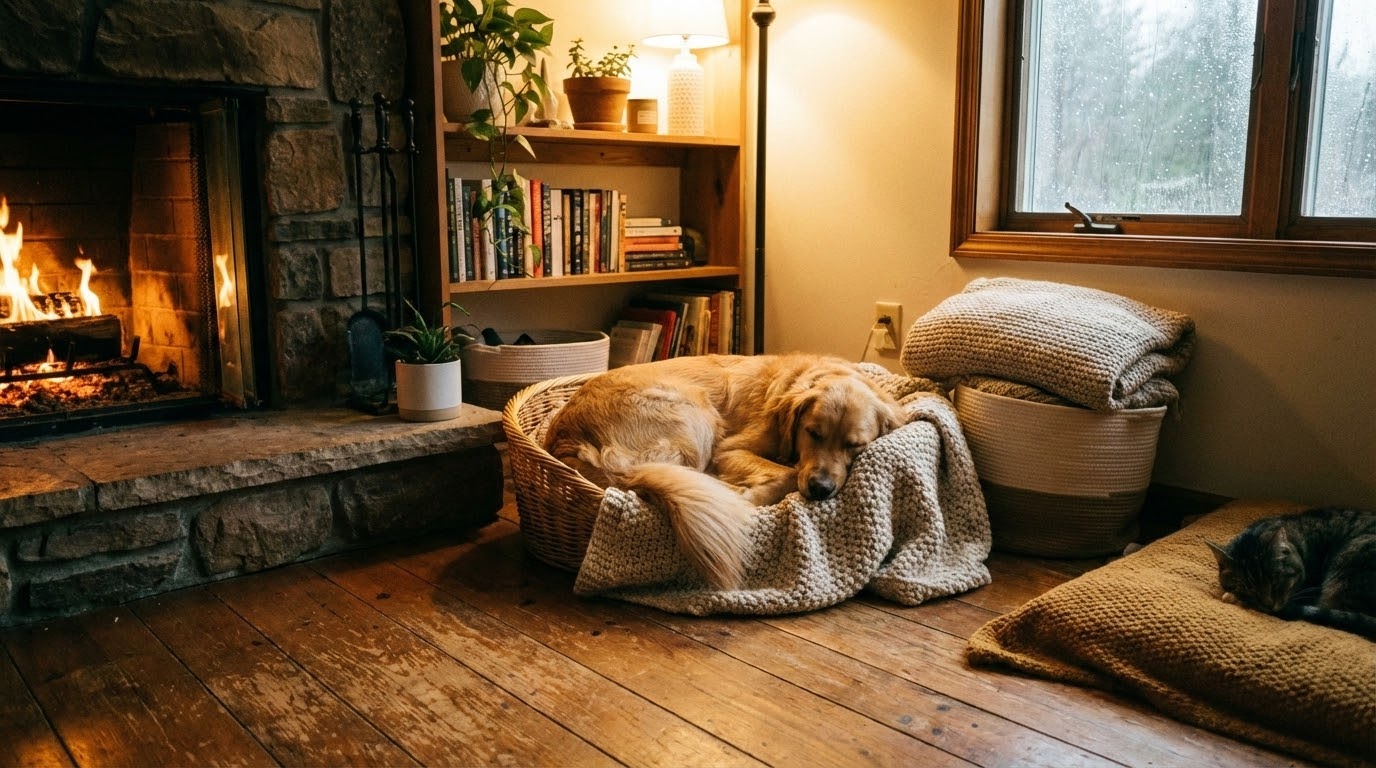 Chien dormant paisiblement dans son panier dans un salon