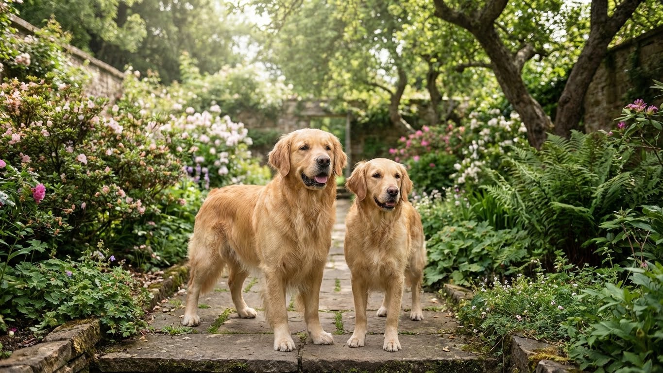 Deux chiens de même race, un mâle et une femelle, se tenant debout calmement dans un jardin verdoyant, se regardant sans agressivité.