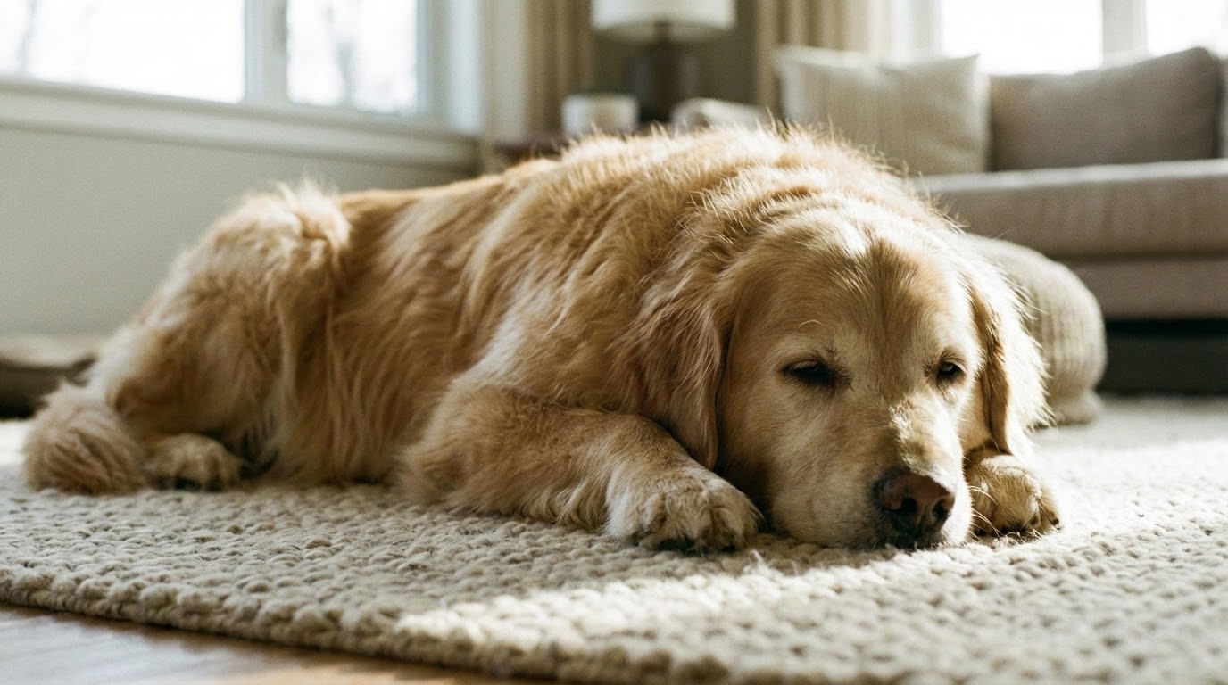 Un chien couché calmement, la tête posée sur les pattes, inspirant la tranquillité.