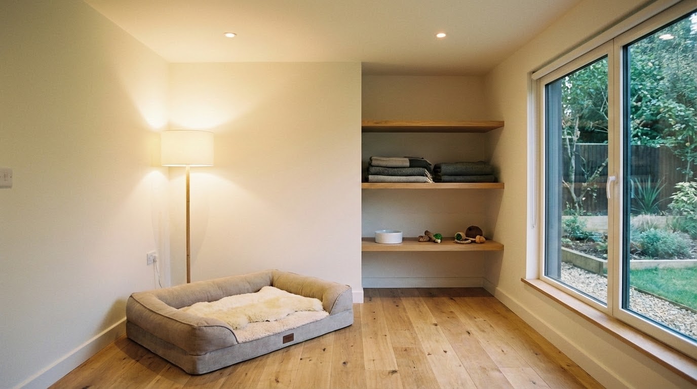 Un espace intérieur calme et sécurisé, propre, avec un tapis confortable pour chien, lumière tamisée.