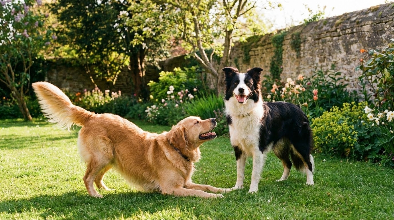 Deux chiens en interaction ludique dans un jardin, illustrant la phase de parade.
