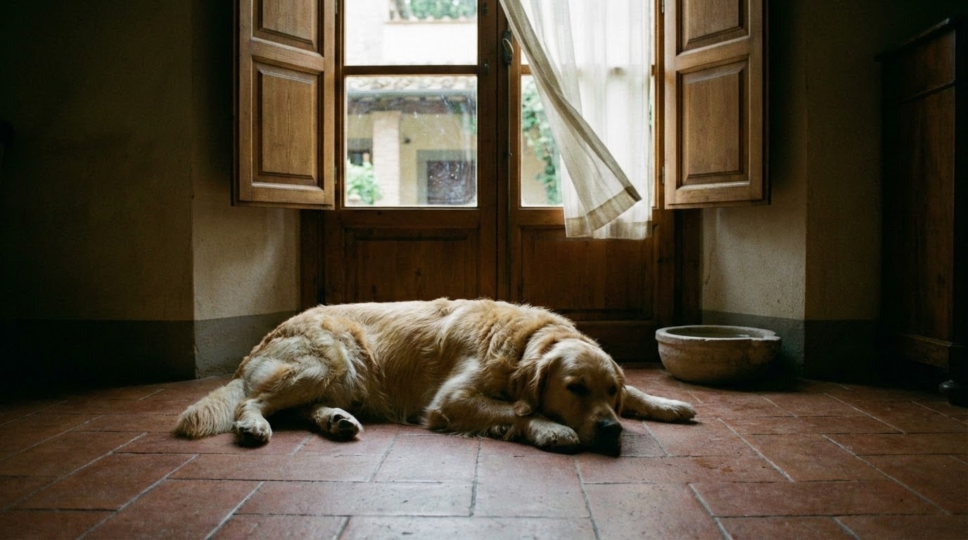 Chien au repos dans une pièce fraîche et aérée pour faciliter sa respiration