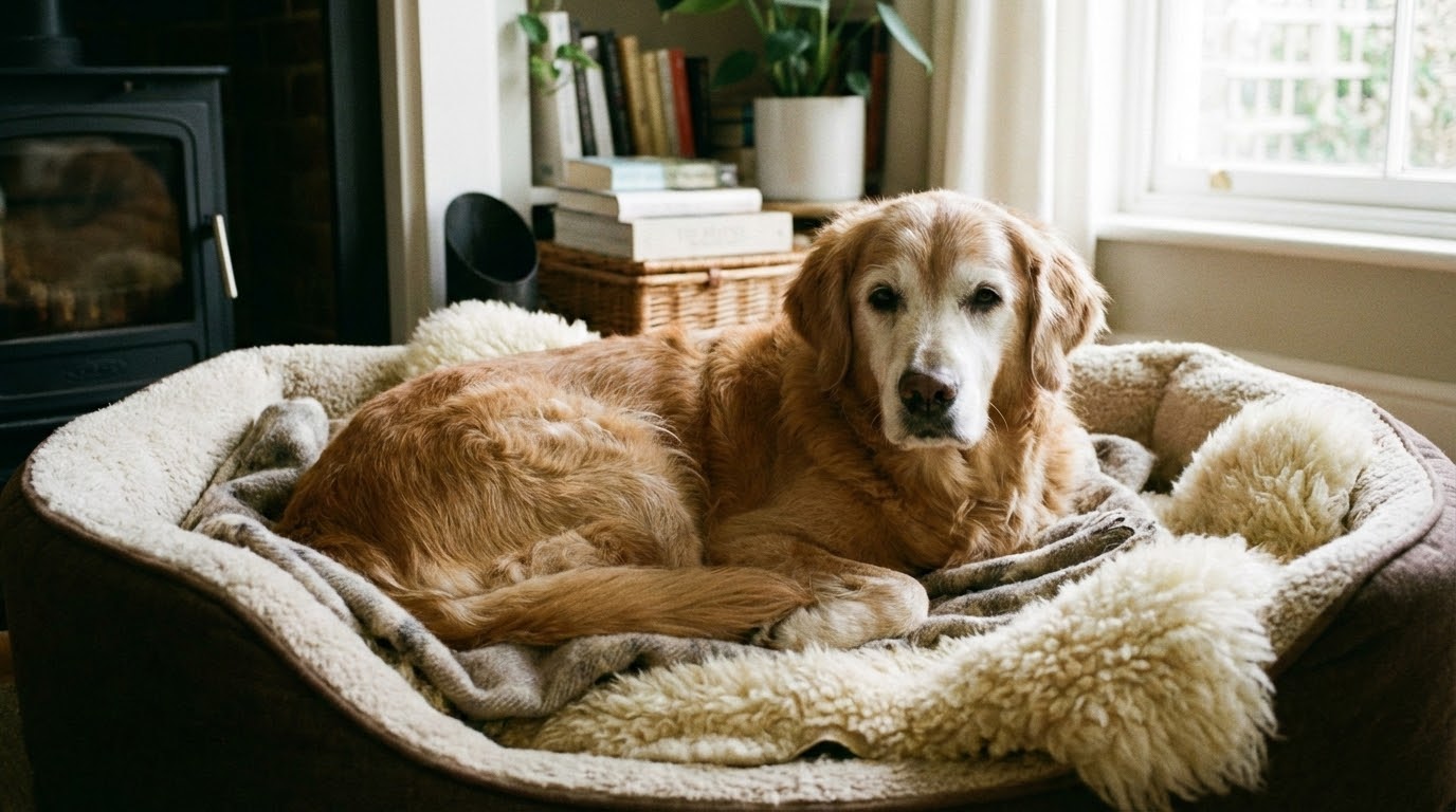 Chien âgé paisible couché dans un panier confortable dans un salon lumineux
