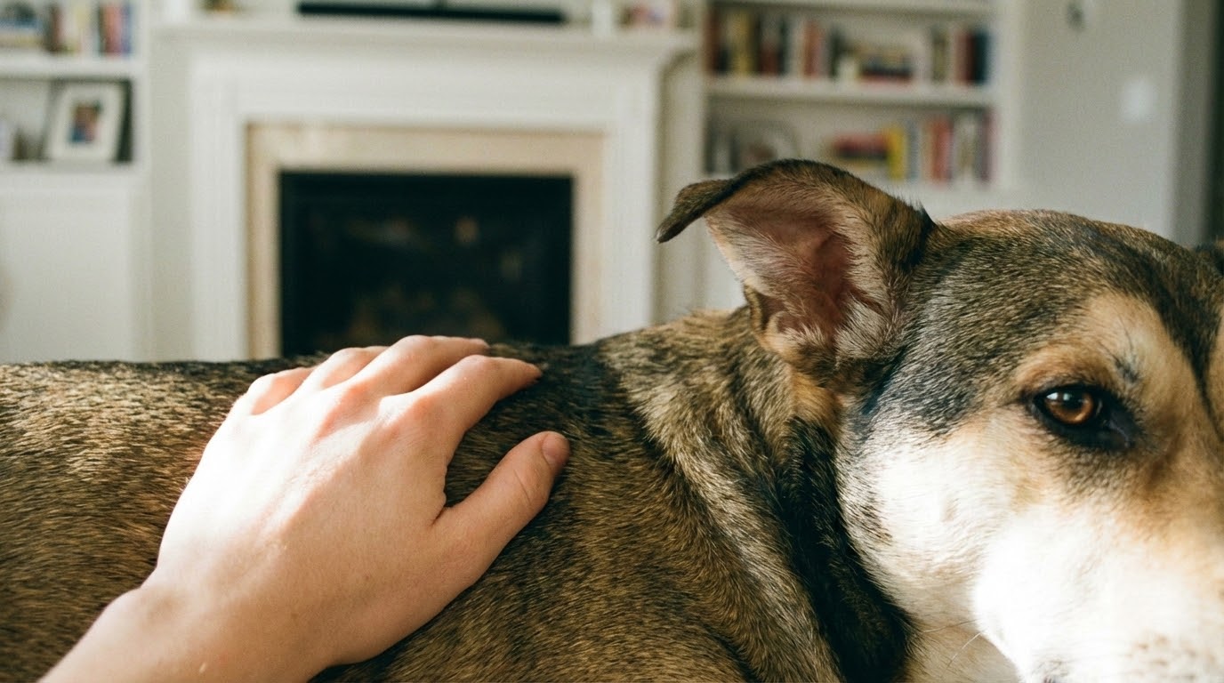 Main humaine posée doucement sur le flanc d'un chien pour communiquer