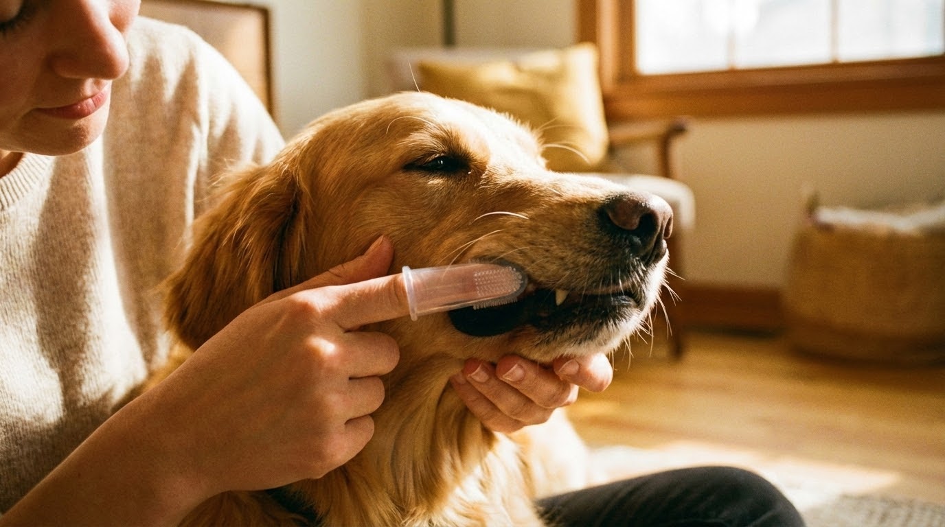 Propriétaire brossant doucement les dents d'un chien avec un doigtier, ambiance calme et complice