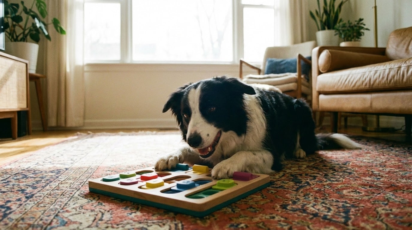 Chien border collie joyeux avec un jouet de réflexion coloré, intérieur lumineux