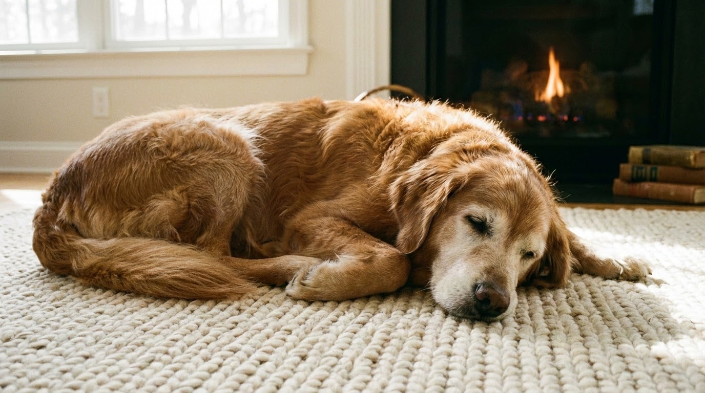 Chien senior allongé confortablement sur un tapis, apaisé