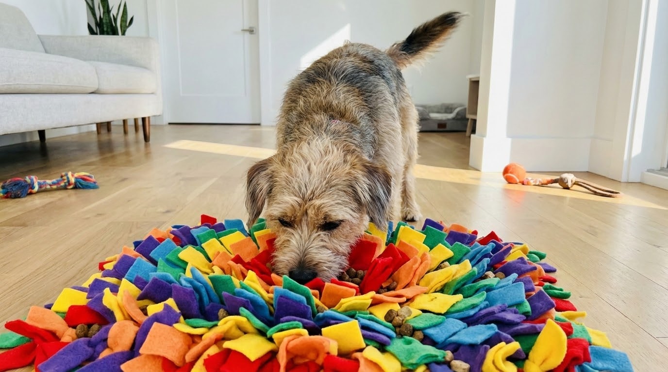Chien utilisant un tapis de fouille (snuffle mat) avec enthousiasme