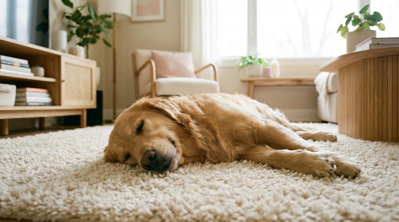 Chien détendu dormant paisiblement sur un tapis confortable dans un salon lumineux