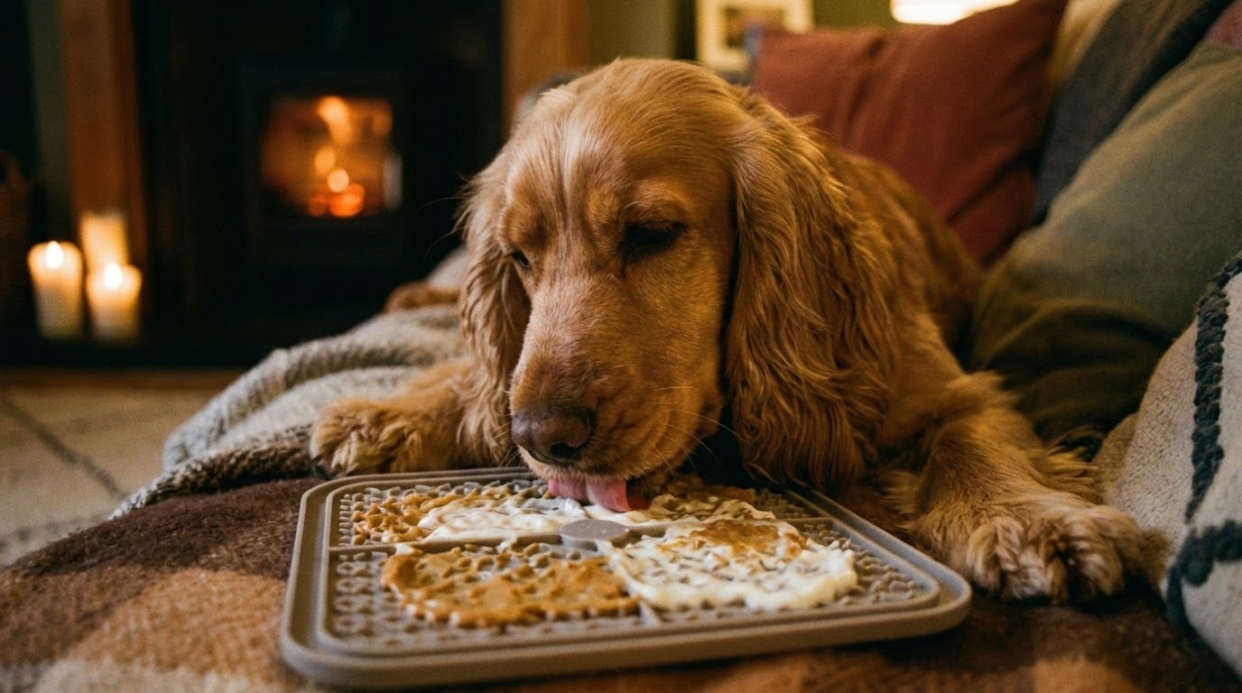 Chien occupé avec un tapis de léchage dans un environnement calme