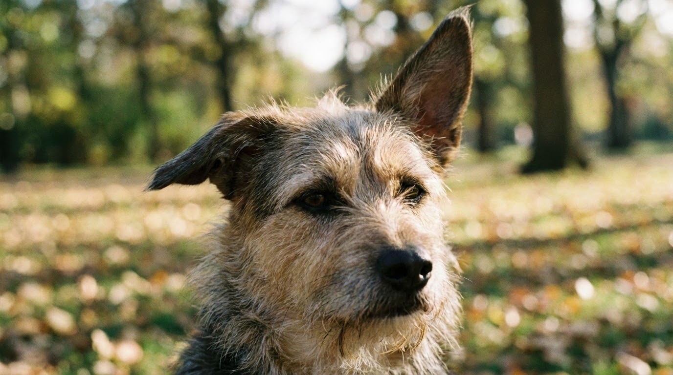 Chien assis dans un parc regardant attentivement sur le côté, oreille relevée