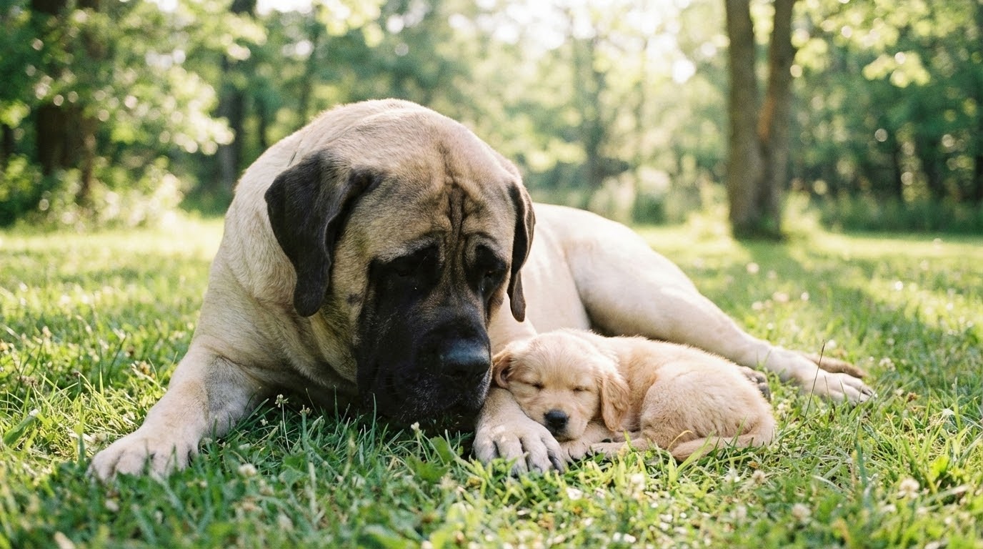 Grand chien adulte et petit chiot jouant ensemble dans l'herbe