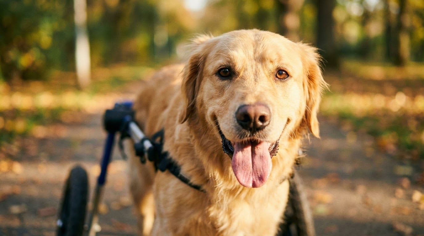 Portrait joyeux d'un chien handicapé regardant l'objectif avec confiance