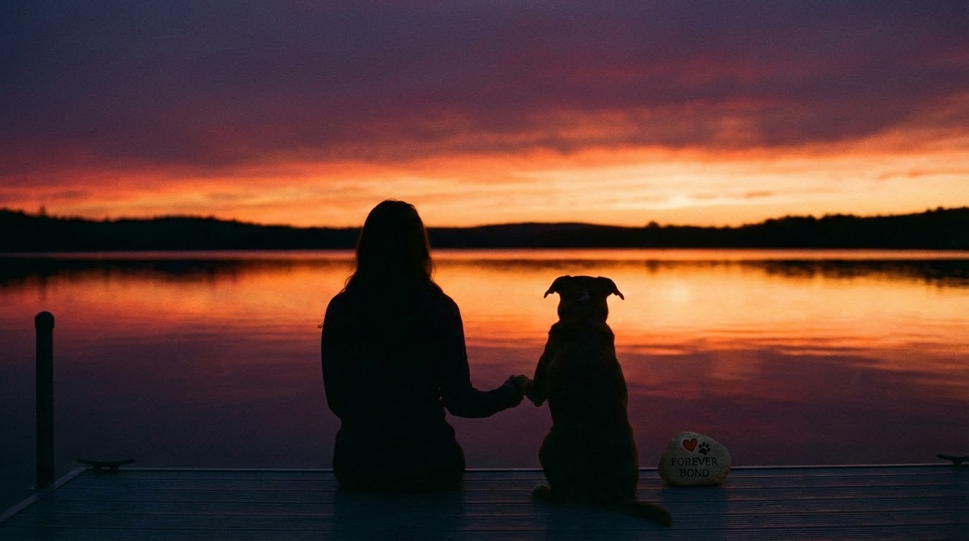 Silhouette de chien et maître au coucher du soleil