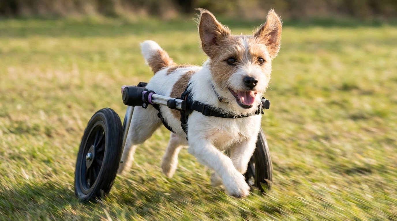 Chien heureux équipé d'un chariot roulant jouant dans l'herbe