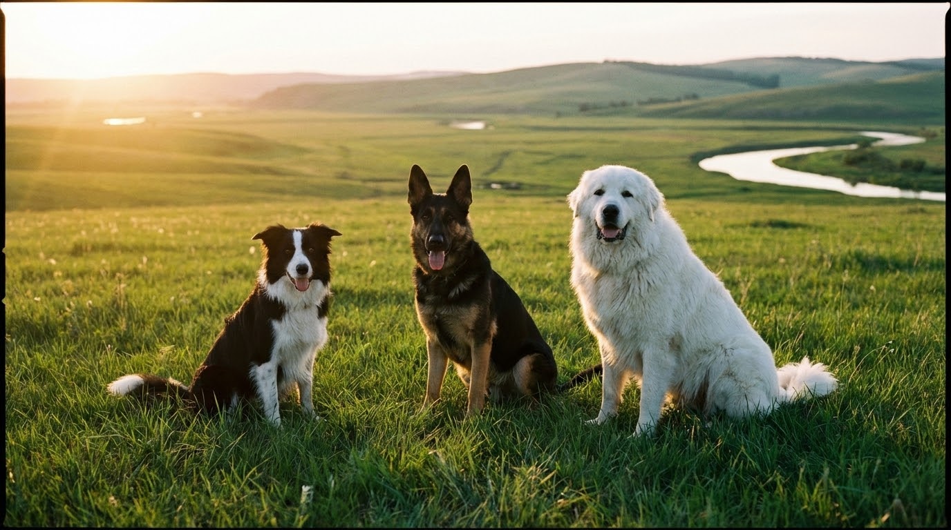 Groupe de chiens de berger de différentes races dans un pâturage verdoyant