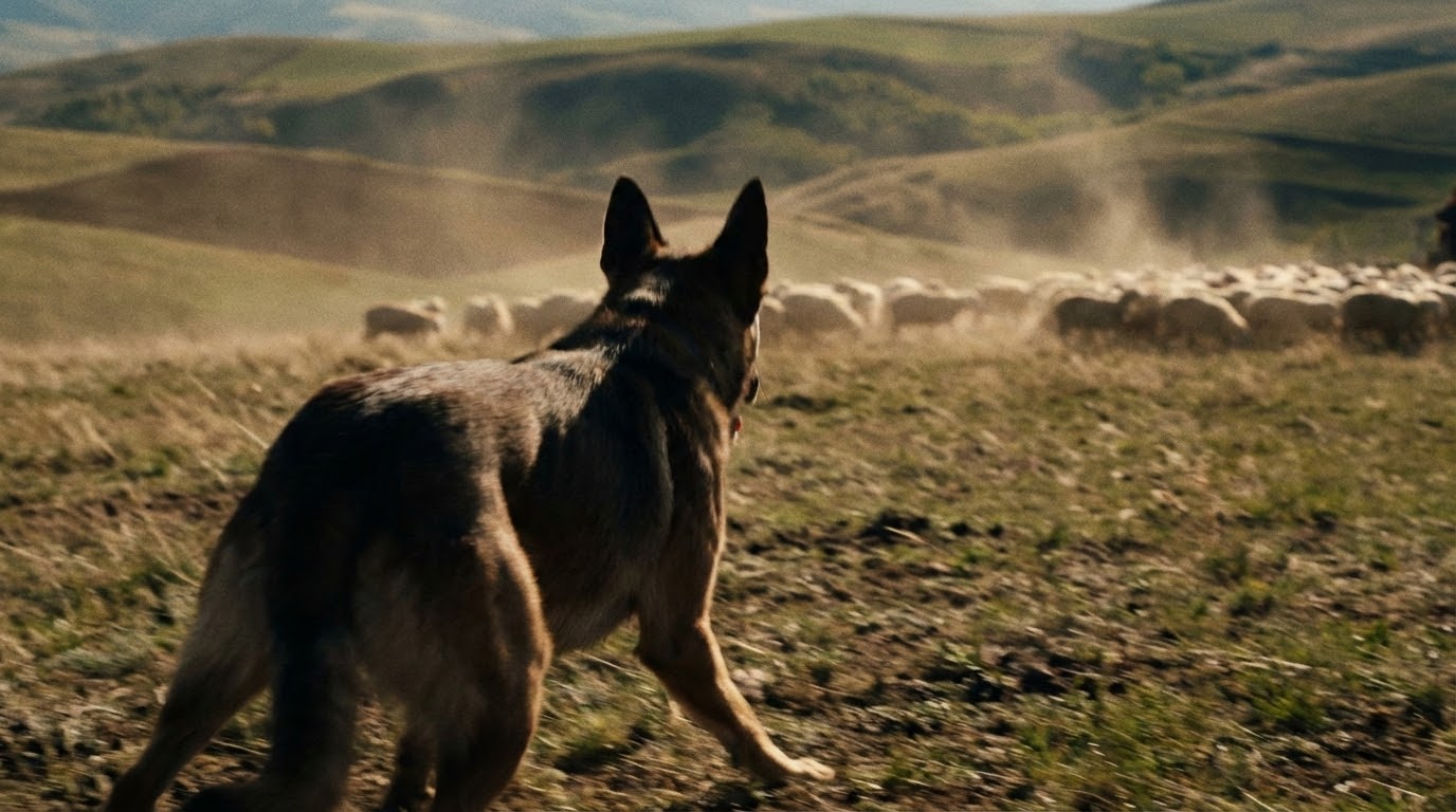 Chien de berger en action de travail sur troupeau