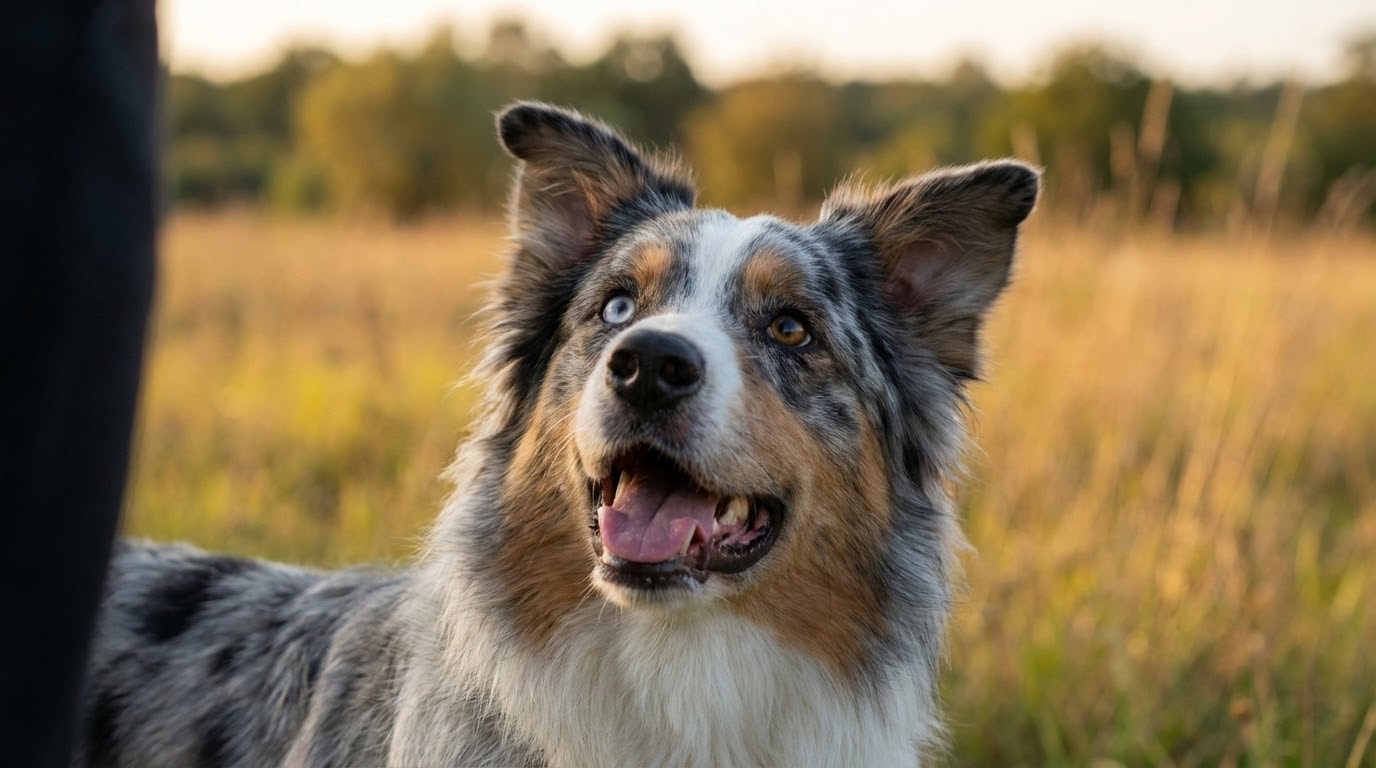Berger Australien attentif regardant son propriétaire, prêt à aboyer sur commande, extérieur flou en arrière-plan