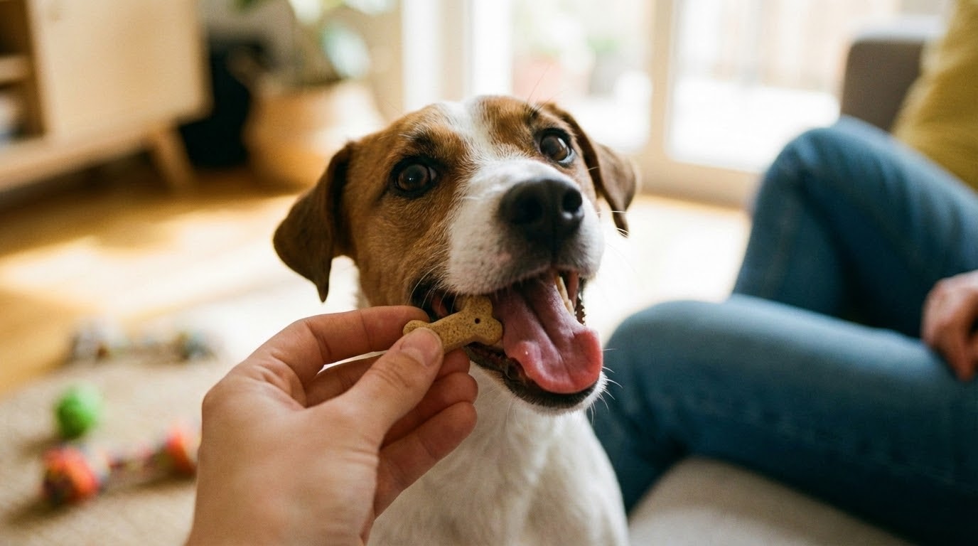 Main floue donnant une friandise à un Jack Russell terrier heureux, focus sur l'interaction positive et la gueule du chien.